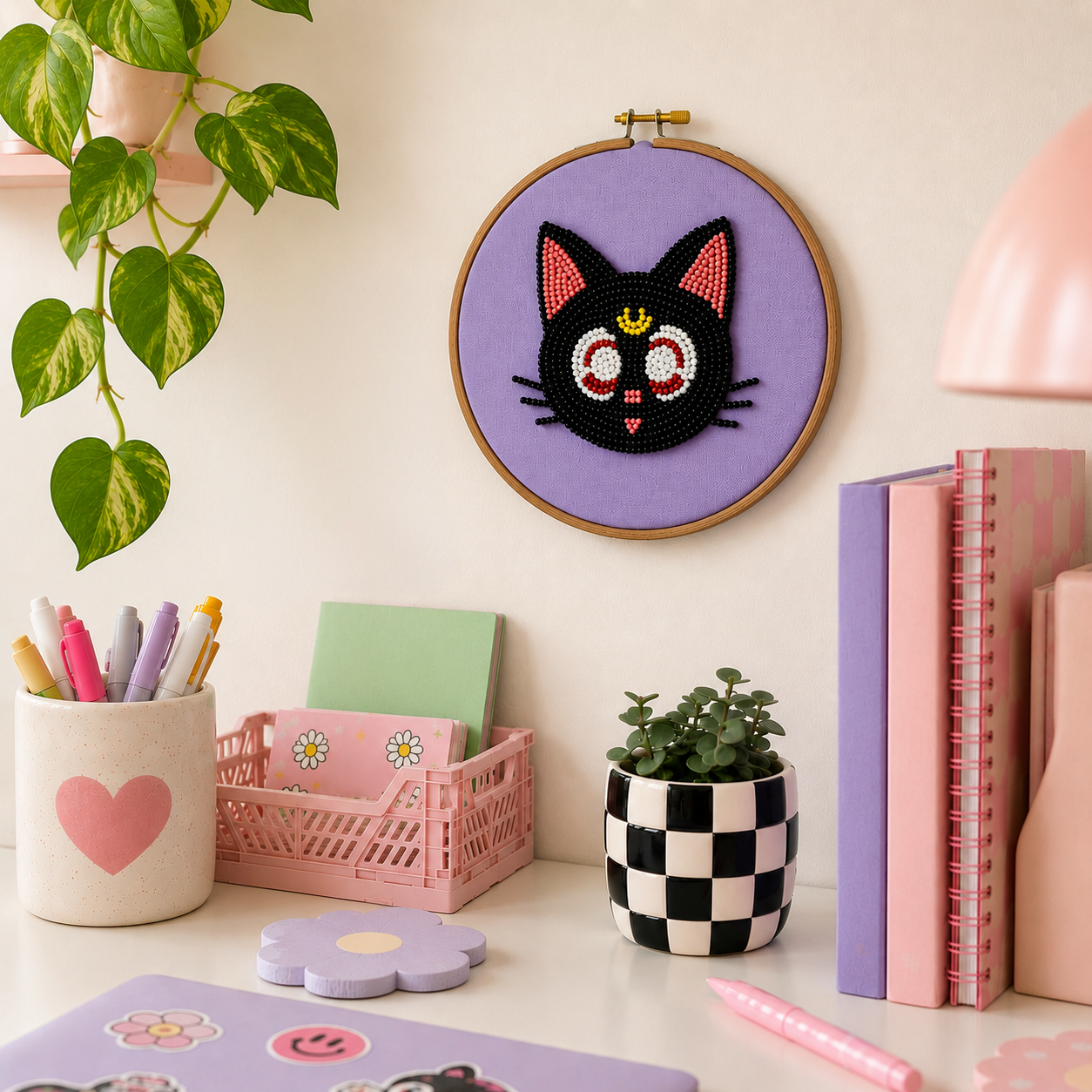 Luna Beaded Embroidery Hoop Wall Hanging