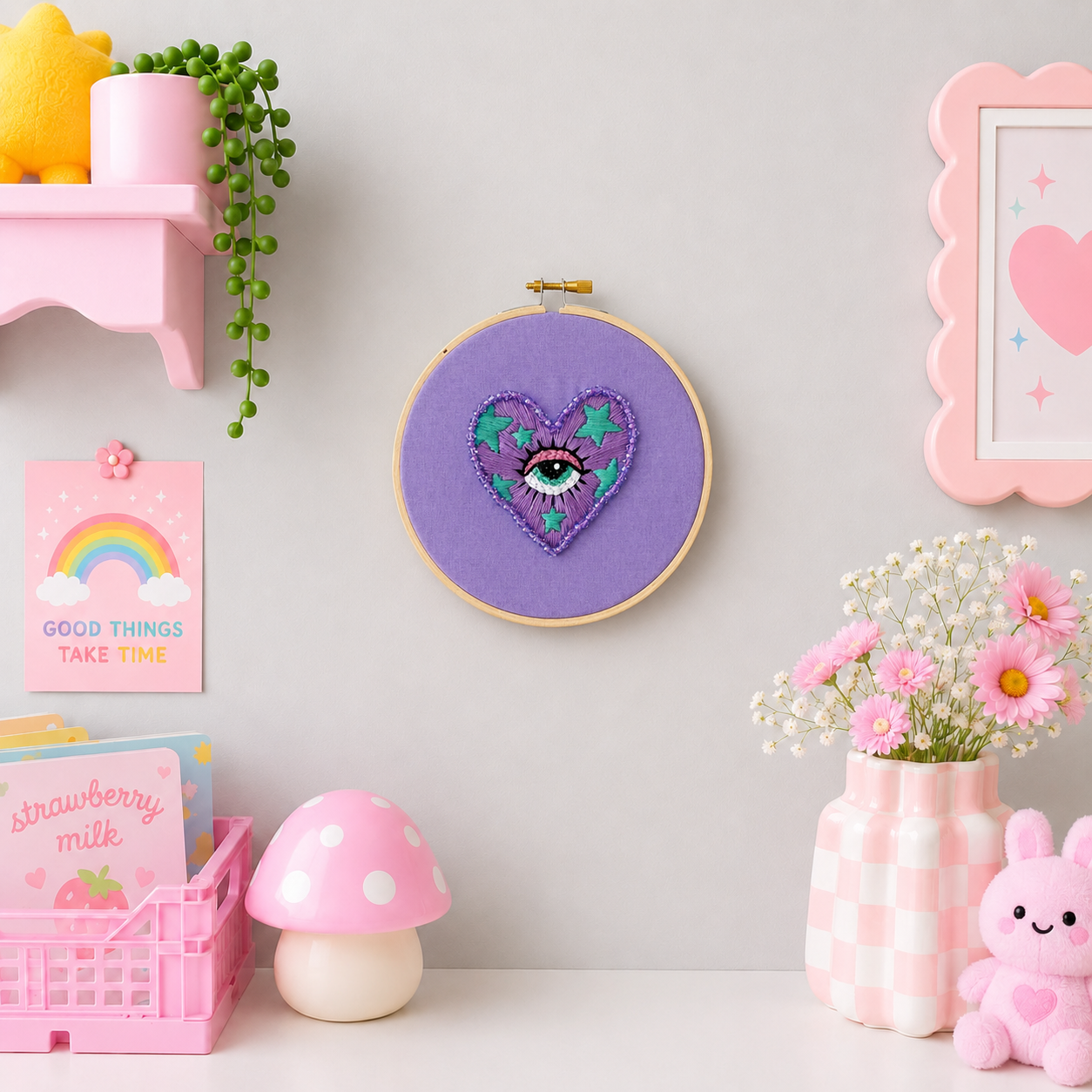Purple Magic Heart Embroidery Hoop Wall Hanging